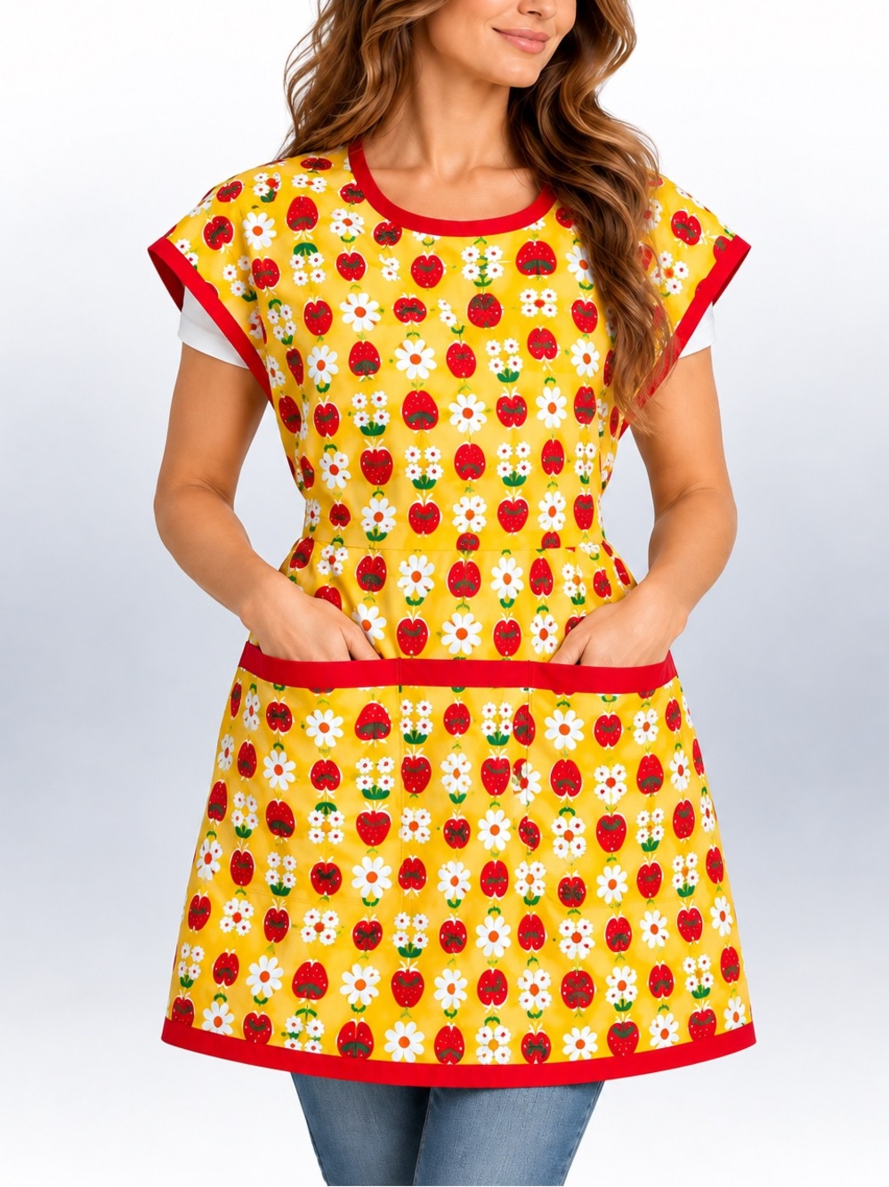 Vintage Handmade Strawberry Daisy Ladybug Apron Red Trim